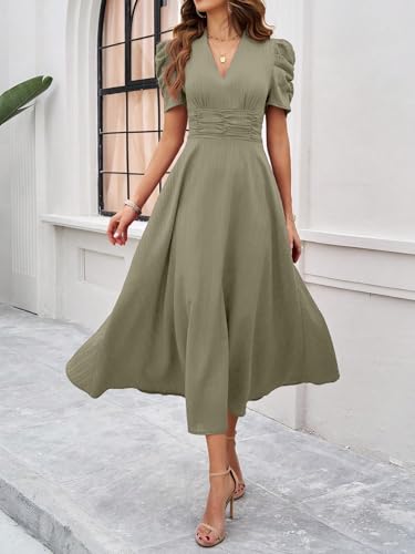 Image of Shasmi Girl's & Women's Solid Color V-Neck A-Line Maxi Dress for Women | New Year Party Outfit | Waist Cinched Puff Sleeve Western | Elegant Casual Wear (Dress 246)