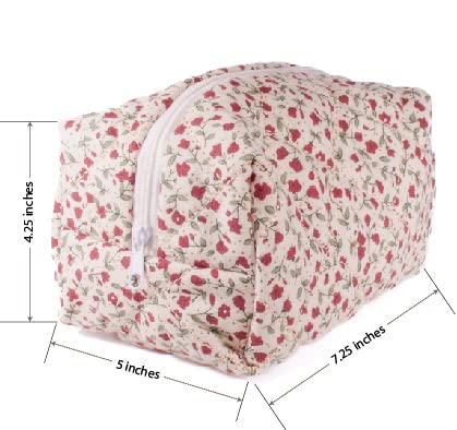 Floral Cotton Quilted Makeup Bag, Toiletries Bag, Cosmetics Organizer, Skincare Bag, Pencils Pens Case, Drawing Tools Pouch, Paintbrushes Case, Travel Case, Small Size, Cute Luxury (Red Flowers) #TOP2