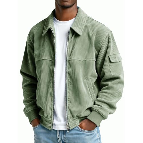 Dyhxuan Veste chemise pour homme - Veste surdimensionnée en velours côtelé - Fermeture éclair - Veste de mi-saison - Couleur unie - Veste de loisirs -...