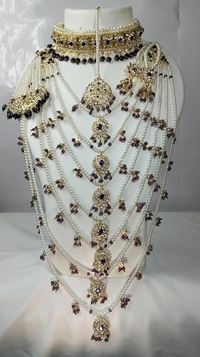 Image of TAZAKKA satlada traditional indian seven stand pearl necklace mughal hisporicall with jadavi earrings side jhumar maang tikka 5pies set