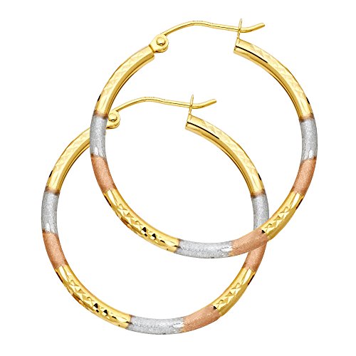 14k REAL Tri Color Gold 2mm Thickness Tube Hoop Earrings - 5 Different Size Available