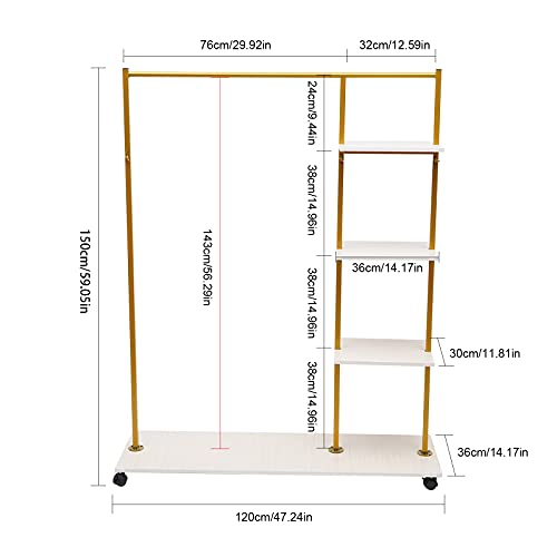 HinLIaDa Gold Clothes Racks with 4-Tier Wood Shelves, Metal Garment Rack Freestanding Clothing Rack Wedding Clothes Dress Display Rack Rolling Clothing Racks for Boutique, Cloth Store