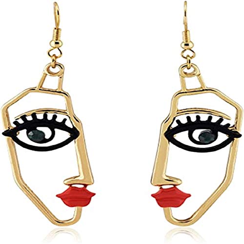 Human Abstract FaceÂ Dangle Drop Earrings Face Profile Red Lip Sex Lady Earrings PersonalizedÂ  PunkÂ HollowÂ Dangle EarringÂ Trendy Creative Jewelry for Women-Gold