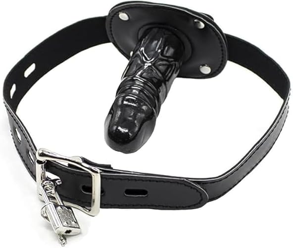 Gobuying Lockable Dildo Mouth Gag,SM Mouth Restraint with Lock Bondage,Adjustable Bondage Leather Gags Adult Sex Toy for Couple (Black,Long) - Black - long