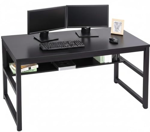 Image of Study Table for Home | with Under-Desk Storage Shelf | Wooden Industrial Computer Table for Home Office & Gaming | Rustic Wood & Black Metal Frame | Black | 120 x 60 x 75 cm