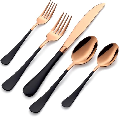Proaustin 20-Piece Rose Gold & Black Stainless Steel Flatware Set, Includes 8 Forks, 4 Knives, 4 Spoons, 4 Teaspoons, Dishwasher Safe, Perfect for Everyday Use