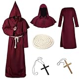 Nzkeuf Disfraz de Monje, Túnica Medieval Renacentista, Disfraz de Sacerdote para Hombre con Capucha, Cinturón de Cuerda y Collar de Cruces, Halloween Carnaval y Trajes de Rol