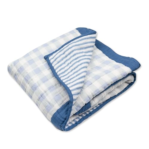 Image of HonestBaby Hand-Quilted Baby Blanket Reversible 100% Organic Cotton for Infant Boys, Girls, Blue Ticking Stripe, One Size