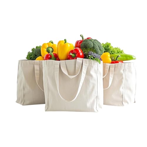 Canvas Grocery Bag 3 Pack - Reusable & Foldable