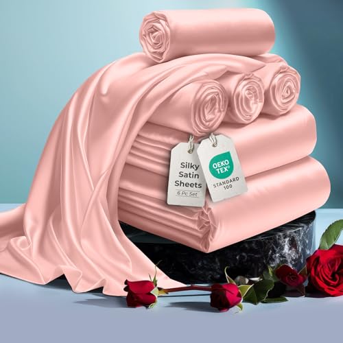 DECOLURE Satin Bed Sheets - 6 Piece Luxury Silky King Size