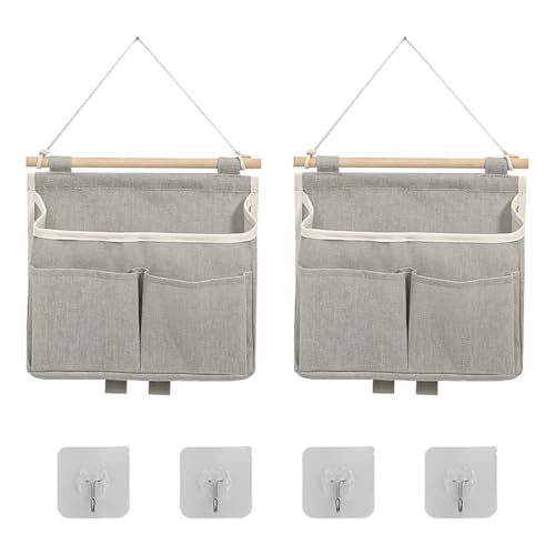 PETERMALLON Rangement suspendu 2 pièces, sac de rangement en coton et en lin, sac suspendu pliable, avec 4 crochets, pour la maison, le bureau, la salle de bain, le salon (gris)