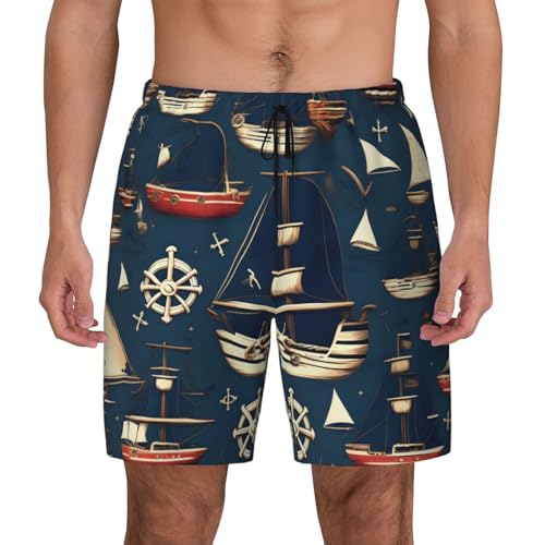 Sailing Pirate Theme Built-in Compression Lining Men's Double Swim Trunks Shorts Beach Shorts with Two Pockets