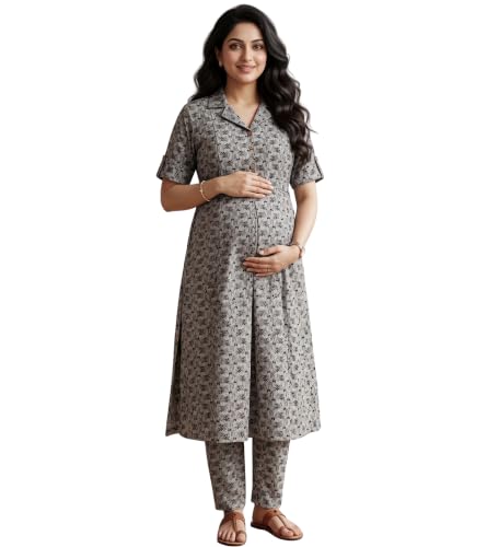 Image of DUMMY SHAPE Feeding Dresses for Women Full Set | Cotton Blend Maternity Kurta Pant Suit with Dual Nursing Zippers, Side Pocket to Pre & Post Pregnancy | Mom to Be Gifts
