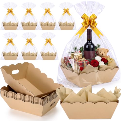 Image of Fuyoooo 8 Pack Kraft Baskets for Gifts Empty to Fill, Sturdy 10 inch x 12 inch Scalloped Edged Empty Gift Basket Kit Bulk with Handles, 8 Wrap Bags, 16 Tissue Paper and 8 Bows for Wedding Party