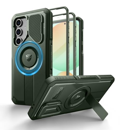 Image of Dexnor for Samsung Galaxy S24 FE Case with Camera Cover & Adjustable Kickstand & Built-in Screen Protector, Magnetic Rugged Shockproof Bumper Cases Heavy-Duty Magnetic Protective Cover,Army Green