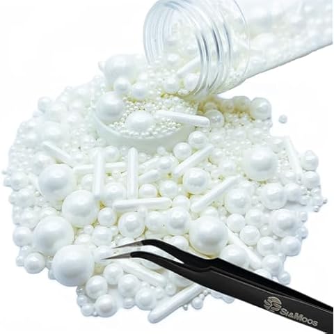 SE Si&Moos White Edible Pearls 5.1 OZ White Edible Pearls White Cake Sprinkles Edible White Dragees Mix Christmas Cookie Decorations Edible White Pearl Sprinkles for Decorating Cupcakes, Cakes, Cookies, and Ice Cream with Tweezers Cover