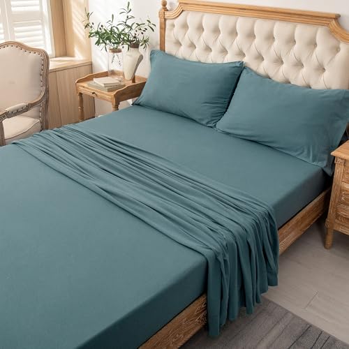 PURE ERA Jersey Knit 3pc Bed Sheet Set 100% T-Shirt Cotton Super Soft Comfy Breathable Fits Mattress Up to 20" Extra Deep Pocket (Solid Cerulean Blue,Twin)