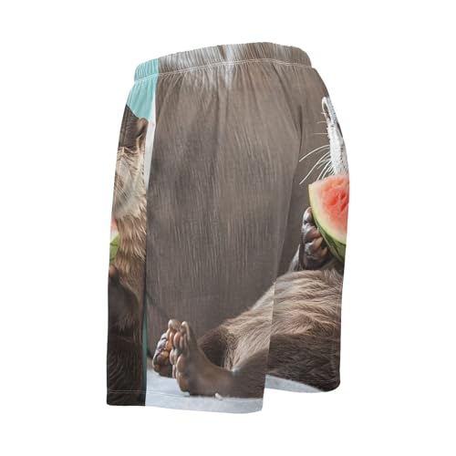 Mens Sleep Shorts Otter with Watermelon Print, Elastic Pajama Short Pants with Pockets Drawstring S4