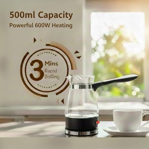 Image of Modern Electric Glass Turkish Coffee Maker (0.5 Liter) - Heat-Resistant Borosilicate Glass Cezve with LED Indicator & Ergonomic Handle, Premium 600W Coffee Machine for Daily Use