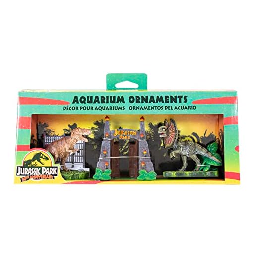 Penn-Plax Jurassic Park Officially Licensed 3-Piece Aquarium Ornament Bundle – Includes T-Rex Park Gate, and Dilophosaurus Decorations – Small
