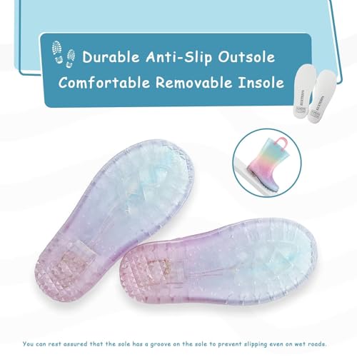 EUXTERPA Girls Glitter Light Up Waterproof Rain Boots Toddler Kids Rainbow Boots with Easy On Handles4