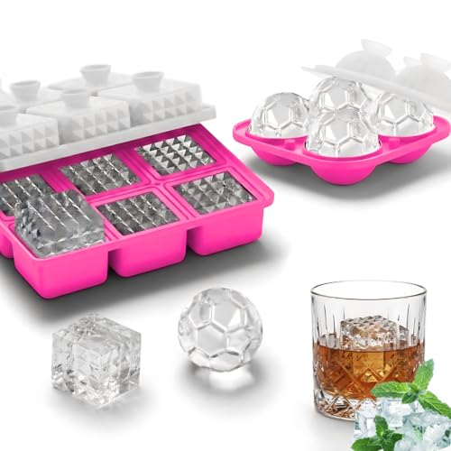 Image of Premium Combo of Large 3D Crystal Square Ice Cube Tray & Football Shaped Silicone Molds for Chilling Drinks, Chocolates, Juice, Jelly and Many More. Pack of 2 (Magenta)