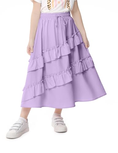 Image of Girls High Waisted Ruffle Maxi Skirt Soft Cotton Long Skirts with Elastic Waistband for Kid Girl 3-12 Years