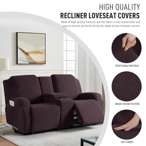 Image of KinCam Loveseat Recliner Covers with Middle Console Slipcover, Recliner Sofa Covers 2 Seat Couch Cover Stripe Jacquard Furniture Protector Covers with Elastic Bottom for Kids, Pets (Dark Coffee)