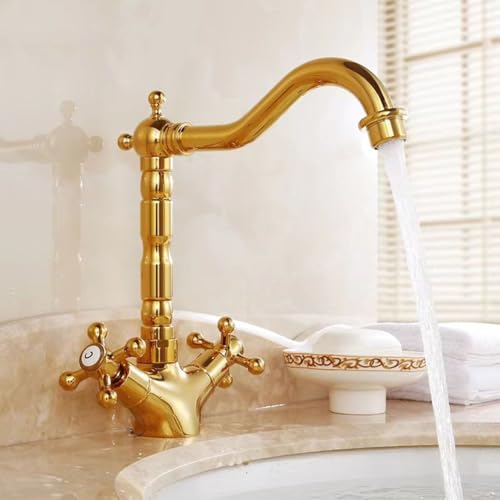 Mitigeur de lavabo à double levier en laiton doré style antique