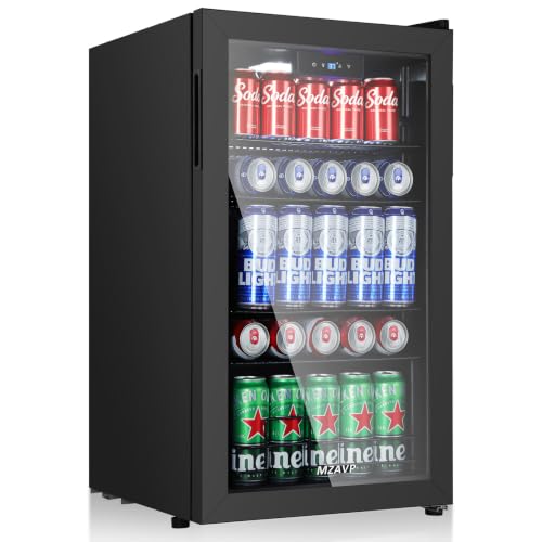 Image of 120 Cans Beverage Refrigerator Freestanding, Small Beverage Cooler with Glass Door, Mini Drink Fridge for Beer Soda, 3.0 Cu.Ft for Office, Home, Bar, White LED Light & Reversible Door - Black