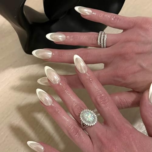 Pearl White French Tip Press On Nails Almond Soft Gel Fake Nails,...
