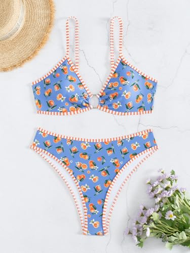 Image of Fanuerg Women's Triangle Bikini Sets O Ring Linked Two Piece Swimsuits Floral Printed Cheeky Bathing Suit