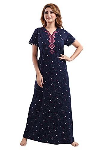 Image of 9shines Label Designer Nighty | Cotton Blend Nighty for Women | Night Gown | Nightdress | Front Open Buttons,Floral Embroidery On The Neck & Pocket On The Right Side (5001)