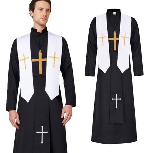 YOYEMAM Priest Costume for Men- Holy Priest Accessory Outfit with Stole, Plastic Monk Cross for Halloween Dress Up Party Cosplay (X-Large) by YOYEMAM - Used condition - US$20.78