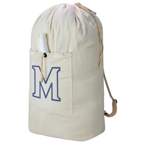 Laundry Bag Backpack Personalized Initial Design Canvas Laundry Bag with Straps & Drawstring Closure Dirty Cloth Hamper Bag for College, Travel, Laundromat, Camping (letter M)