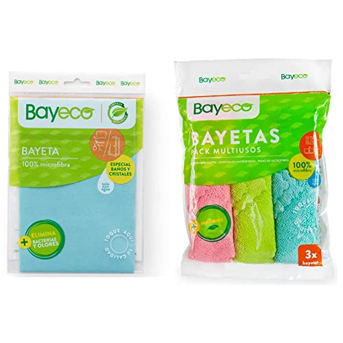 Bayeco - Bayeta Cristales y baños - Solución Espejos, Cristales y Limpieza del baño - 1 Unidad & Pack Bayetas Multiusos - 100% Microfibra
