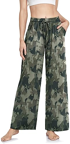 TARSE Wide Leg Yoga Pants for Women Plus Size Lounge Pajama Pants Comfy Drawstring Sweatpants Casual Palazzo Trousers with Pockets (Camouflage,XL)