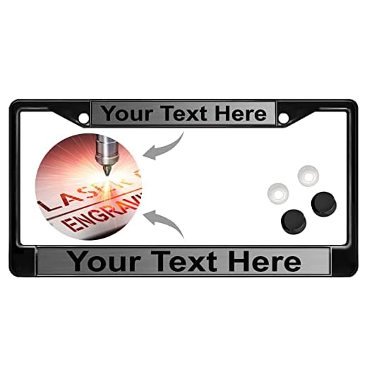 Custom Personalized Black Powder-Coated Metal Laser Engraved Standard Size (6”x12”) - Car/Automobile License Plate Frame with Free caps - Steel/Black Text (Qty: 1 Frame)