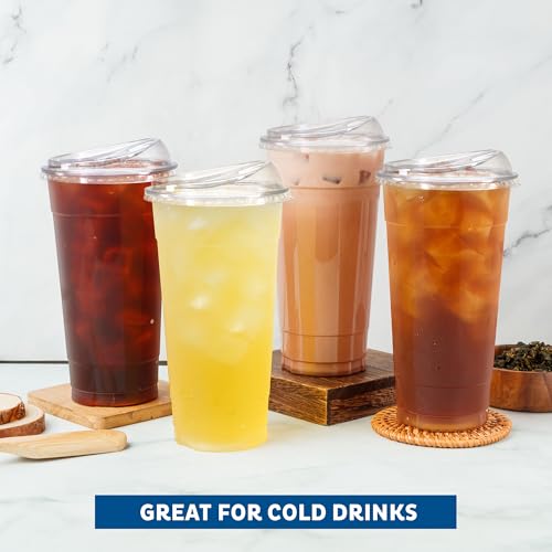 Image of Freshware 24 oz Clear Disposable Plastic Cups with Strawless Sip Lids, 100 Pack Clear Plastic Tumblers, Heavy-duty Party Glasses, Disposable Cups for Thanksgiving, Halloween, Christmas Party