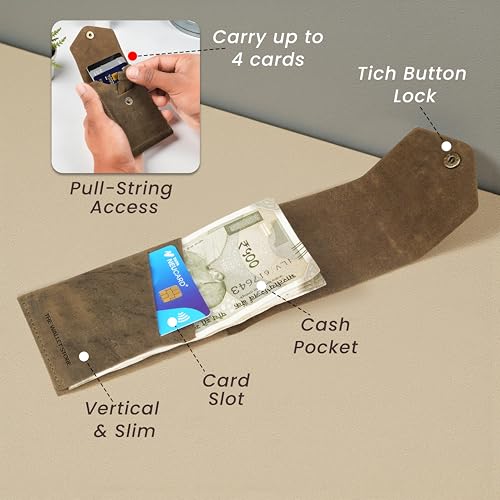 Image of The Wallet Store Flip Genuine Leather Vertical Slim Wallet for Men | Pull-String Quick Card Access | Compact Front Cash Pocket & Button Lock | Minimalist Travel & Daily Carry Wallet (Green)