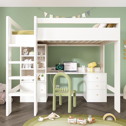 HUQIQWE Cama Alta 90x200 cmCon Escalera, Armario Y Archivador, Estructura De Madera con Somier De Lamas Y Formato De Cama con Escritorio, para Dormitorio Juvenil Completo