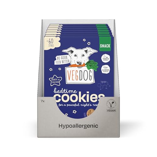 VEGDOG Bedtime Cookies - Biscotti ipoallergenici per cani, 7 x 400 g, senza glutine con ricetta lenitiva, biscotti per cani con camomilla e patate