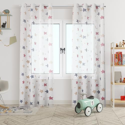 HOMEYA - Cortina Infantil Transparente 2 Unidades de 140 x 260 cm - Visillo jovenil con diseño Estrella, Tranparente filtra la luz, Cortina para habitación 100% Poliéster
