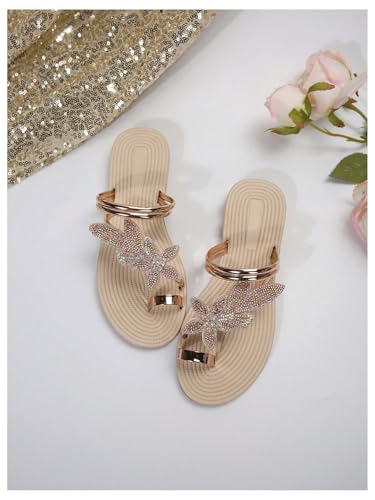 GORGLITTER Women's Butterfly Metallic Sandals Dressy Sparkly Rhinestone Strappy Toe Ring Slide Flats Sandal4