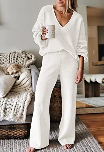 Image of Viottiset Women's 2 Piece Outfits Casual V Neck Knit Wide Leg Sweater Lounge Set Sweatsuit
