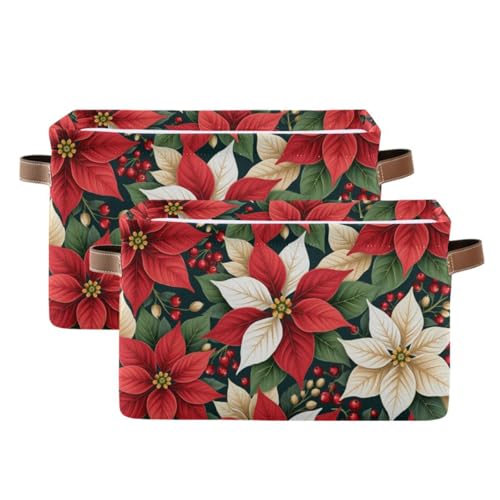 Image of Aslsiy Storage Basket Red White Poinsettias Holly Leaves (5) Nursery Bins Baby Box Canvas Clothes Shelf Basket Laundry Hampers 2 Pcs