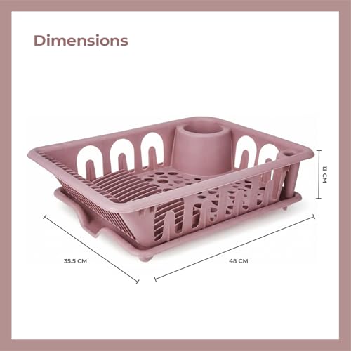 Image of Lifelong Plastic Dish Drying Rack with Drain Tray, Kitchen Dish Drainer with Cutlery Holder, Utensil Organizer for Plates, Bowls & Cups (Pink)