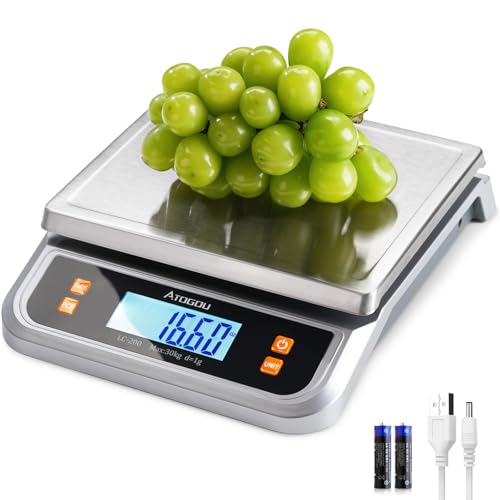 ATOGOU 66lb Food Scale, Commercial Kitchen Scale Plug-in Usable with Full View LCD Display, Stainless Steel, for Baking, Bread, Cooking, Meat, Vegetables, Farm, Industry LC200