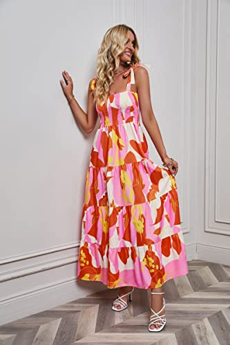 Image of kinstell Women's Summer Boho Spaghetti Strap Square Neck Ruffle Casual Flowy Long Dress Beach Swing Party Maxi Dress