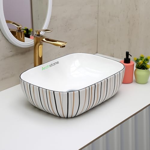 Image of Archstone Wash Basin for Bathroom-1 Yaer Warranty- Tabletop Washbasin - Ceramic Glossy Rectangle Designer Moroccan Countertop Vessel Sink, Dining Hall & Vanity 33x45x14.5 cm (Luxury Strip Design)